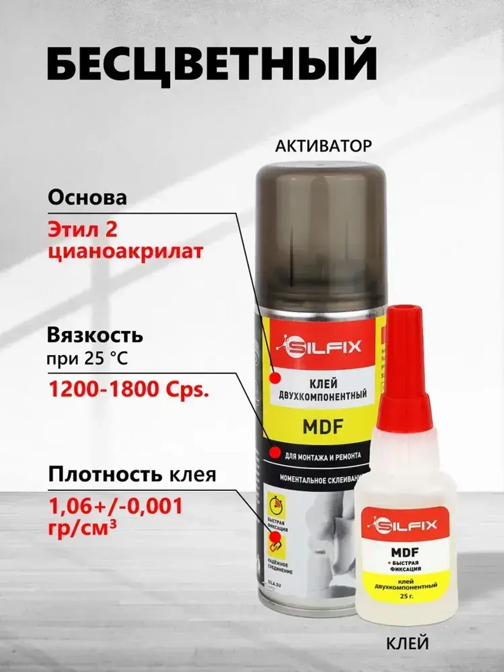 Двухкомпонентный супер клей с активатором SILFIX MDF (25гр+100мл), набор экспресс склеивания