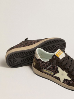 Ball Star in brown suede with silver glitter and golden metallic leather heel tab