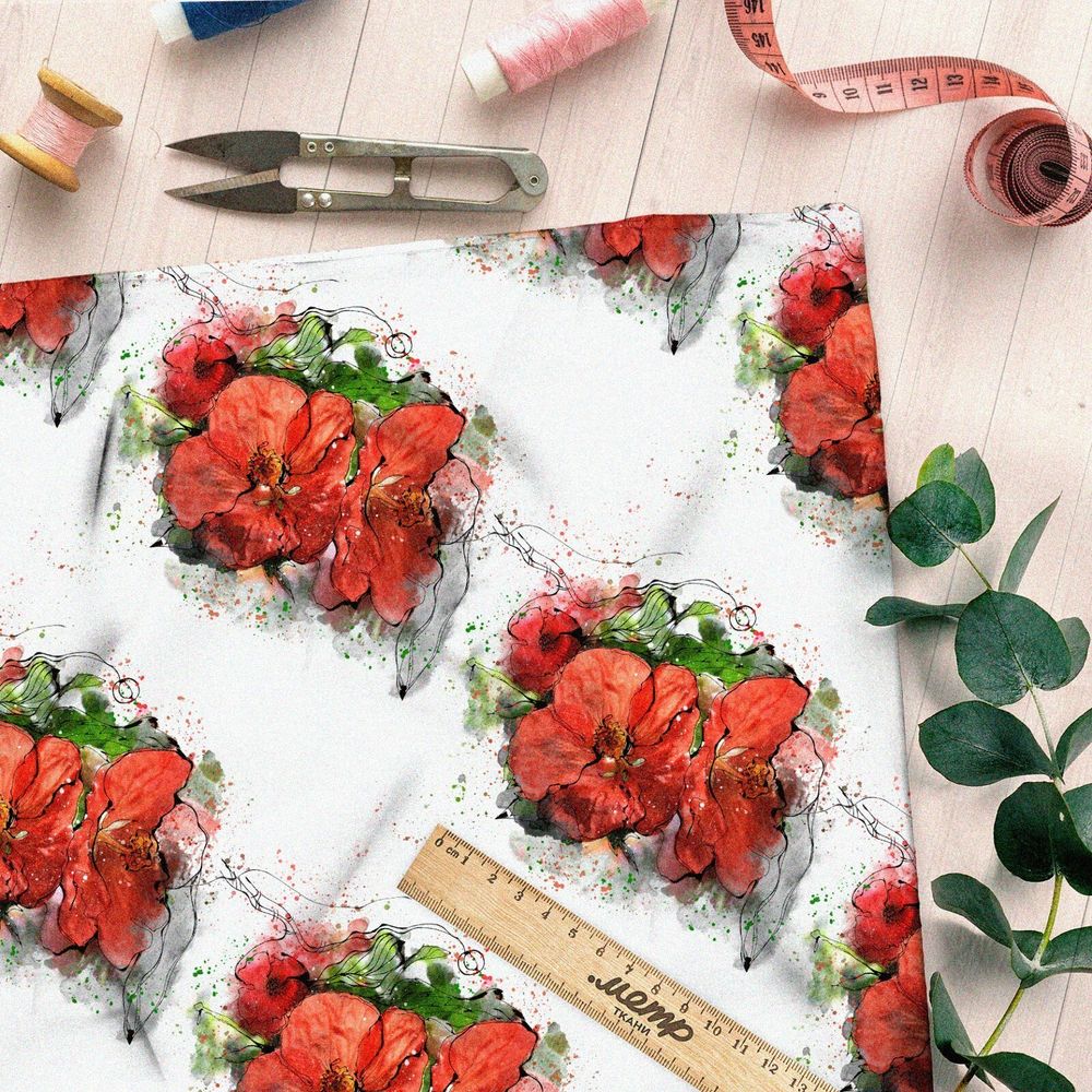 Ткань сатин красные букеты на белом фоне