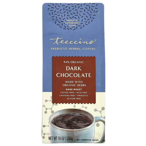 Teeccino, Prebiotic Herbal Coffee, темный шоколад, темная обжарка, без кофеина, 284 г (10 унций)