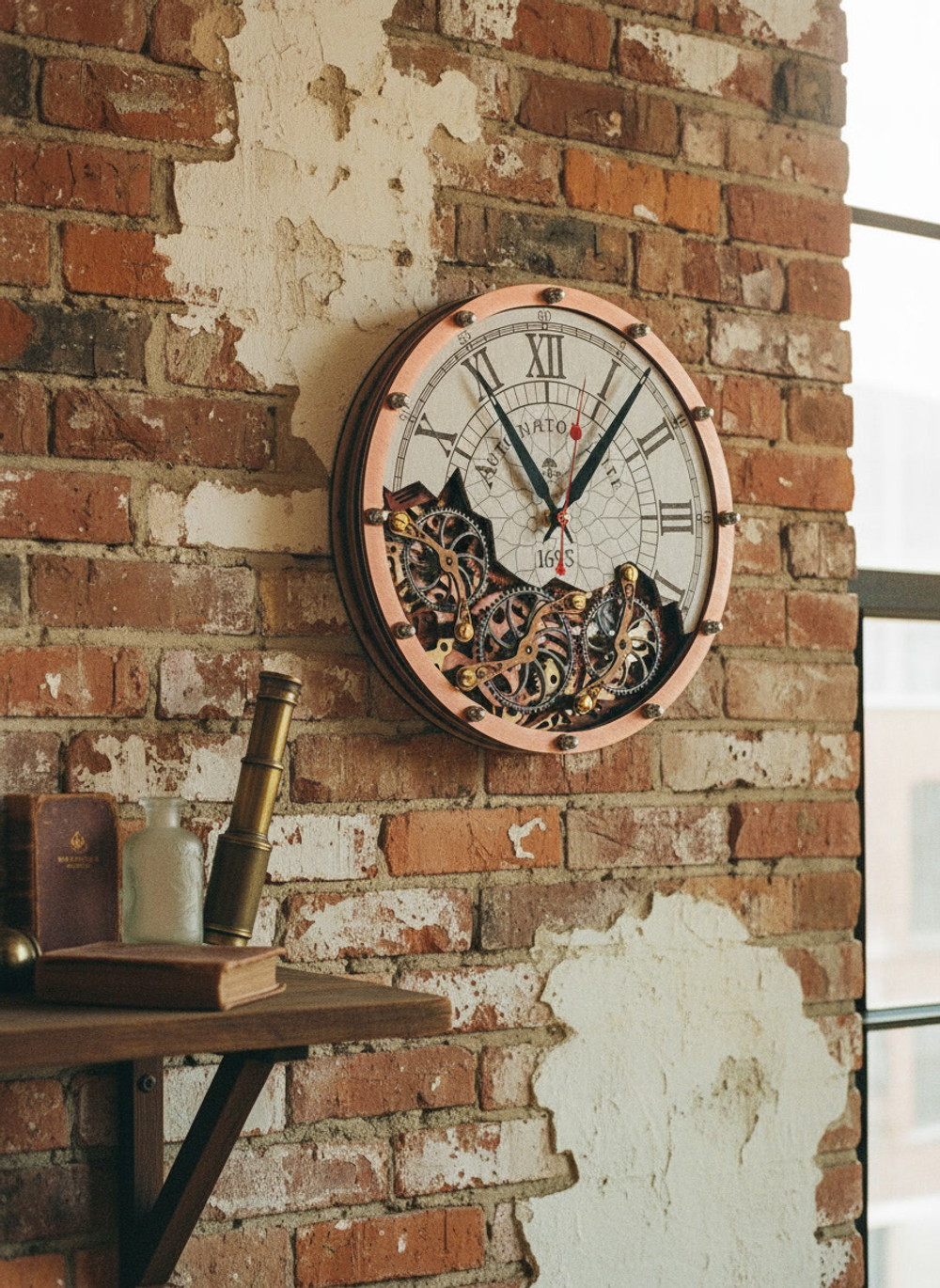 Дизайнерские настенные часы WOODandROOT Automaton Bite 1695 на кирпичной стене — сочетание лофт-эстетики и викторианской механики