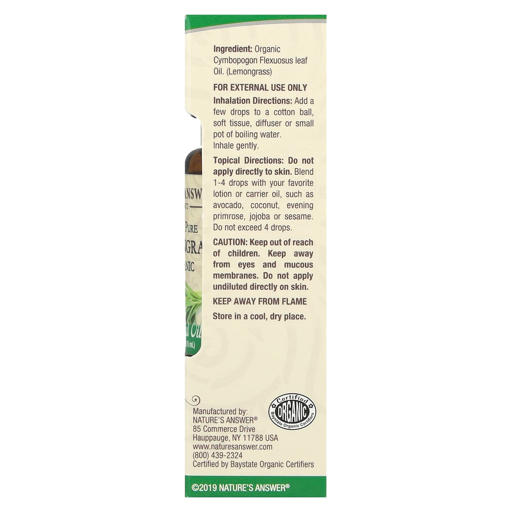 Nature's Answer, Органическое эфирное масло, 100% лемонграсс, 15 мл (0,5 унций)