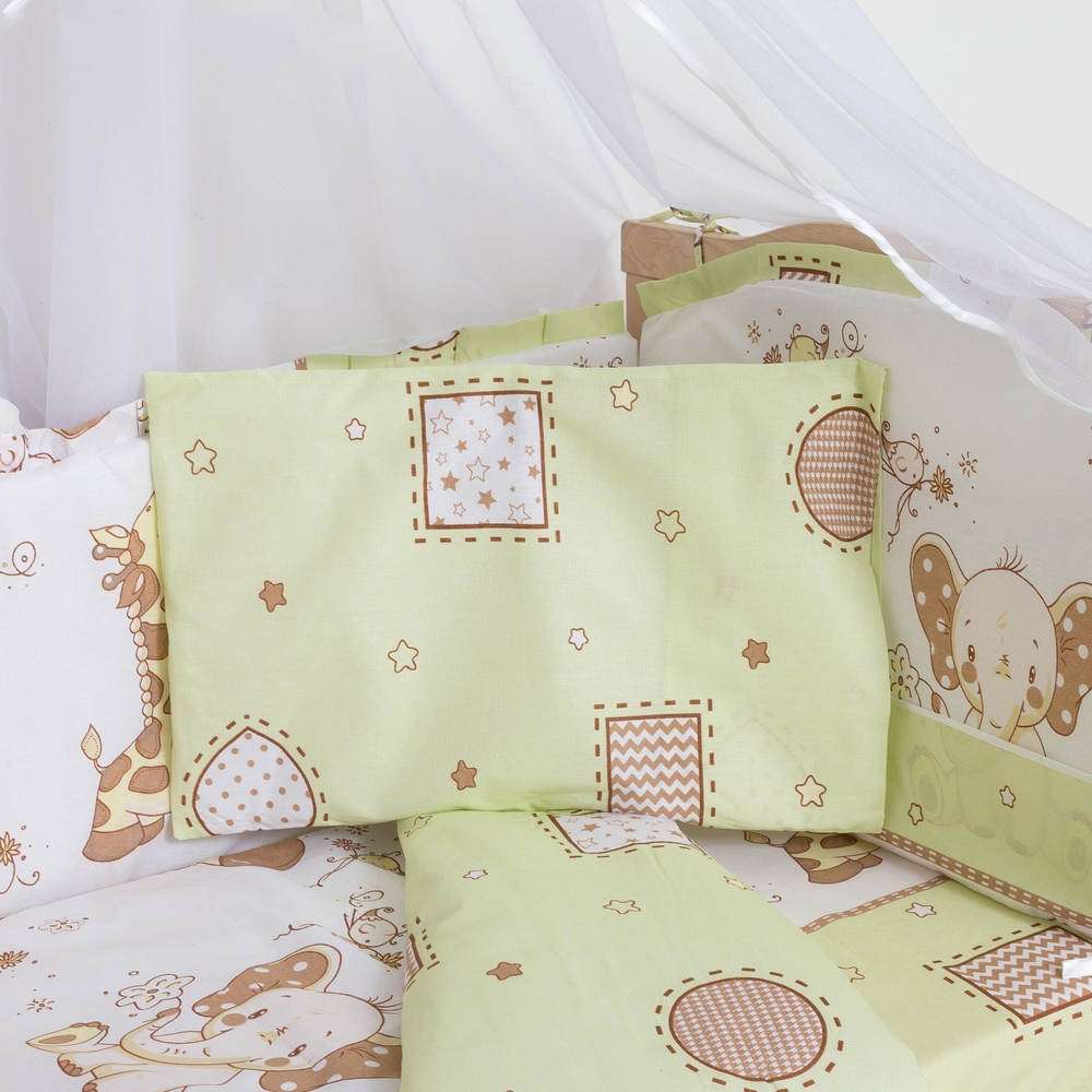 Комплект в кроватку 6-ти предметный. "Жираф и слоненок", зеленый
