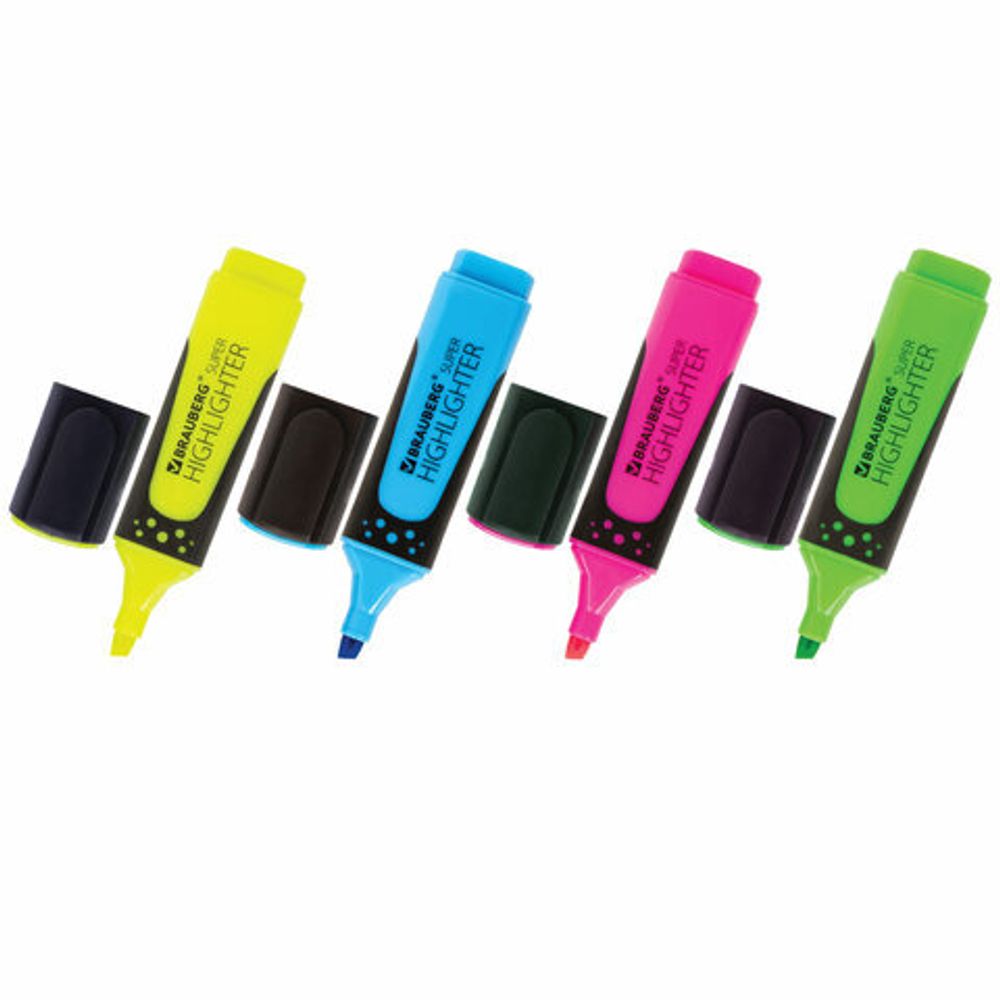 Набор текстовыделителей BRAUBERG 4 шт., АССОРТИ, "SUPER", прорезиненный корпус, линия 1-5 мм, 151746