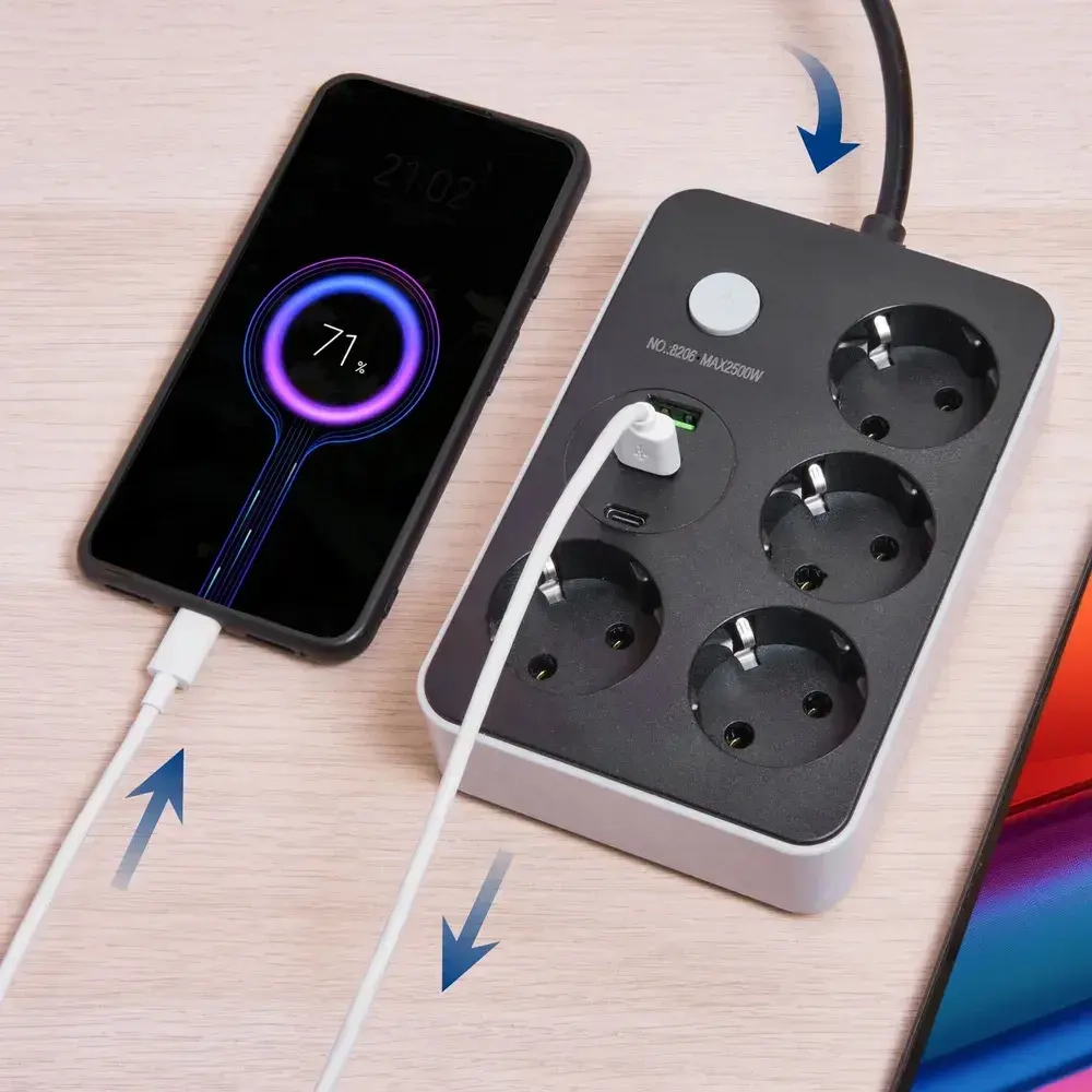 Удлинитель сетевой фильтр электрический на 4 розетки с USB и Type-C, с заземлением и защитой предохранителем, шнур 2 метра