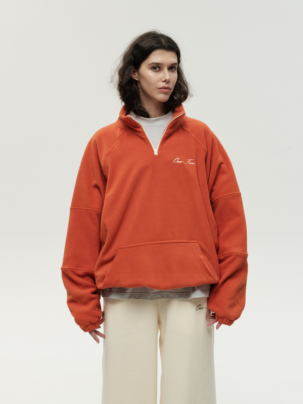 Drawstring Half-Zipped Sweatshirt Orange