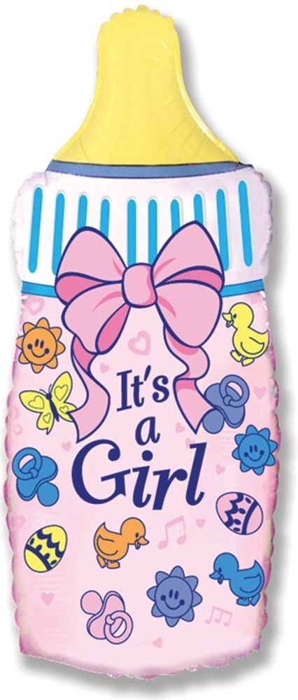 Воздушный шар фольгированный, 1шт., М13/33см, Flexmetal &quot;Бутылочка для малышки девочки, Розовый&quot;