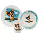 Набор детской посуды фарфор, 3 шт, Летчик Корги, тарелка 17.5 см, салатник 360 мл, кружка 210 мл, Daniks