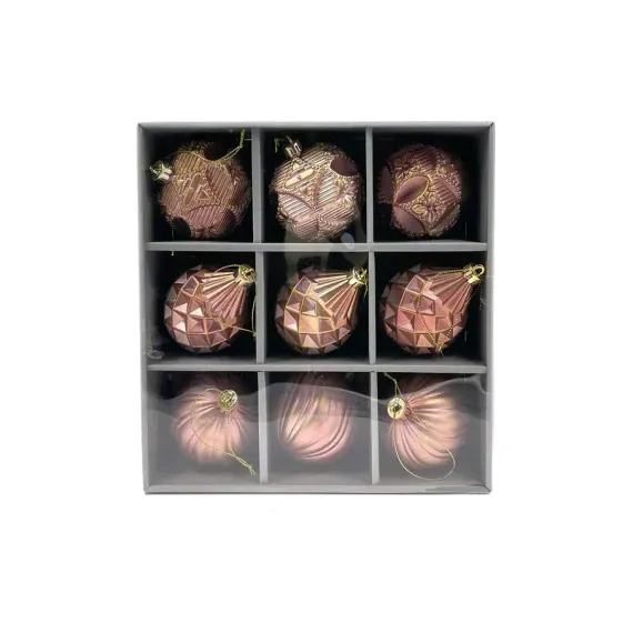 Набор пластиковых шаров Рандеву 80 мм., 9 шт., розовый с золотом, Christmas DeLuxe (87802)