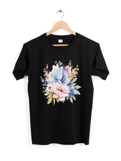 Футболка праздничная летняя черная оверсайз с цветами