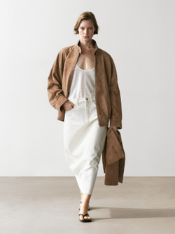 Massimo Dutti Джинсовая юбка миди бочкообразного кроя, кремовый