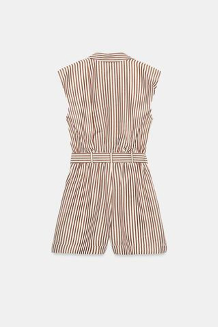 ZARA КОРОТКИЙ КОМБИНЕЗОН В ПОЛОСКУ С РЕМНЕМ, КОРИЧНЕВЫЙ