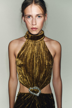 ZARA ПЛАТЬЕ МИДИ С ВЫРЕЗАМИ И СТРАЗАМИ, ОХРА