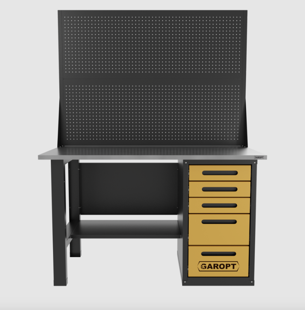 Верстак однотумбовый 5 ящиков с двумя экранами, желтый 1400*700 Garopt, GT1400STY5PP2.yell