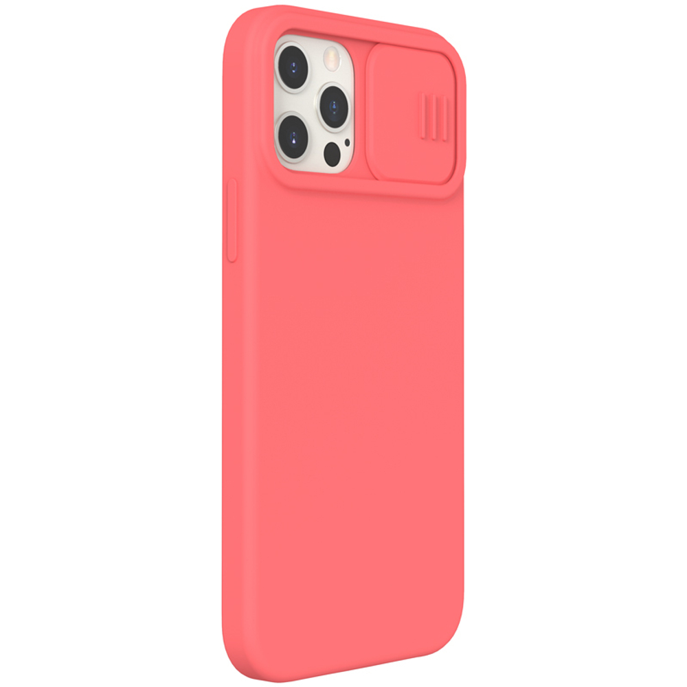 Чехол розового цвета (Peach Pink) с мягким шелковистым покрытием от Nillkin для iPhone 12 и 12 Pro, серия CamShield Silky Silicone Case с защитной шторкой для камеры