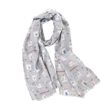 Японский женский палантин с кошачьим принтом ''NEKOMARUKE'', серый шелк, 24-7146-1, KUSUGURU