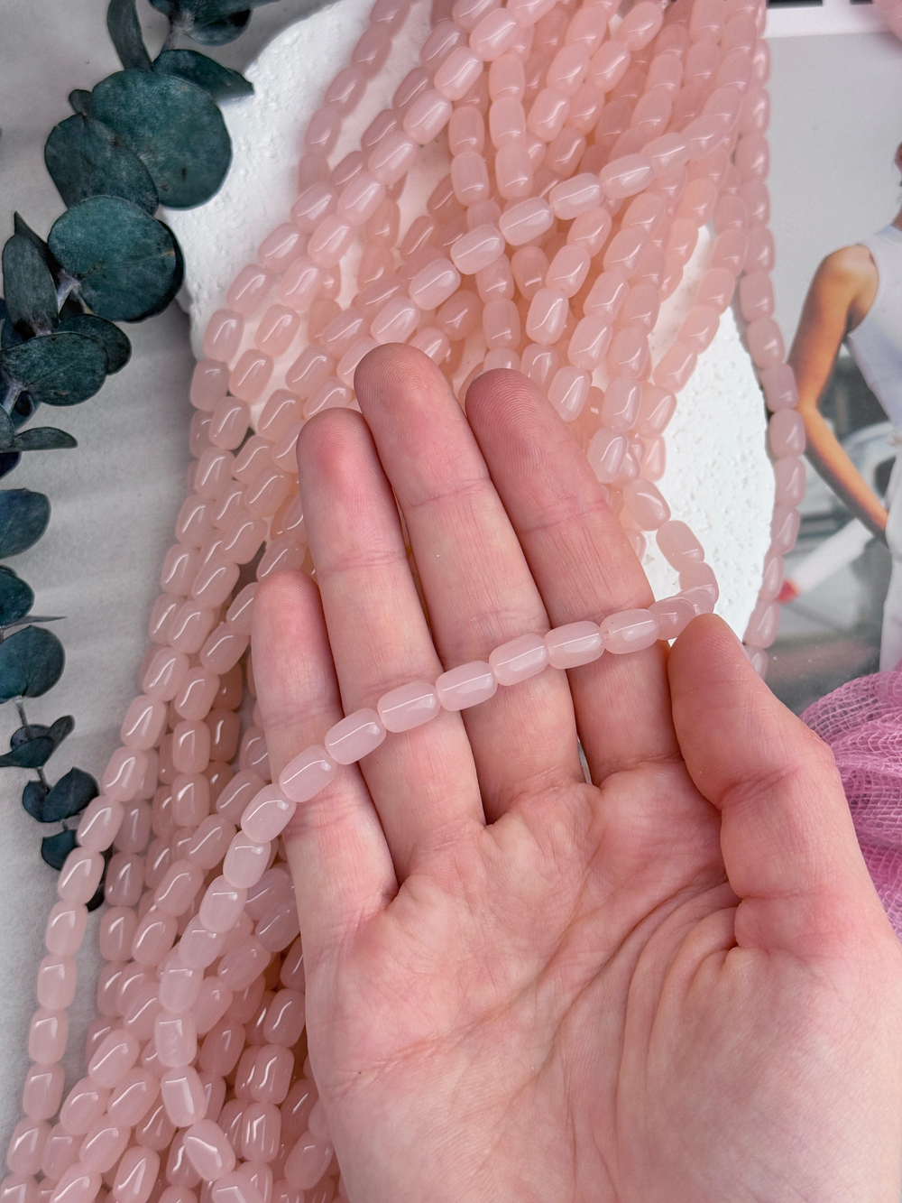 Стеклянные бусины, бочонок 6*9 мм, нить 38 см, "Розовый кварц"