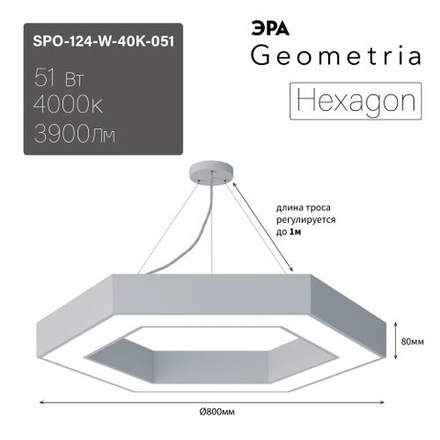 Светильник LED ЭРА Geometria SPO-124-W-40K-051 Hexagon 51Вт 4000К 3900Лм IP40 800*800*80 белый подвесной