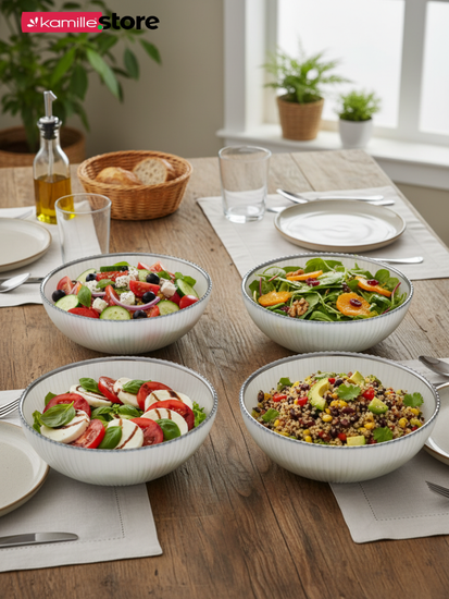 Салатник сервировочный 17х7 см. 850 мл. стеклянный с серебристой обводкой, жемчужный