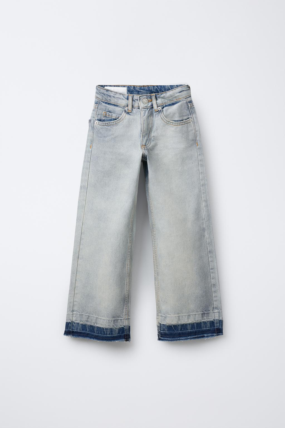 ZARA РАСКЛЕШЕННЫЕ ДЖИНСЫ С БЕСШОВНЫМИ НИЖНИМИ КРОМКАМИ, СИНИЙ