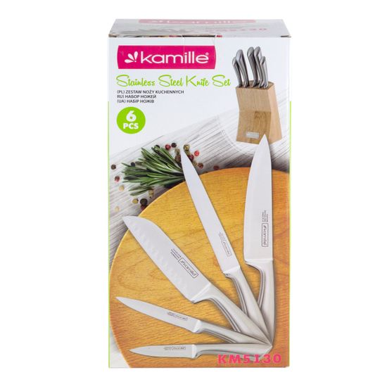 Набор ножей 6 предметов из нержавеющей стали Kamille KM-5130 на деревянной подставке