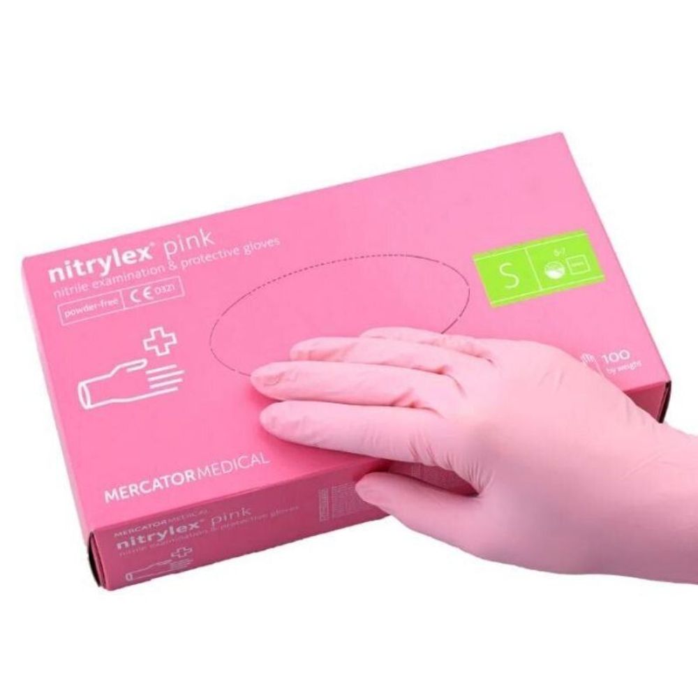 Перчатки нитриловые смотровые Nitrylex PF розовые (50 пар, S)