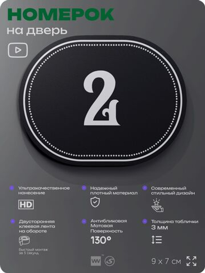 Номерок на дверь квартиры 2, для кабинета, офиса, шильдик 9 х 7 см, черный, Айдентика Технолоджи