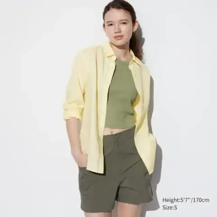 UNIQLO ЛЬНЯНАЯ РУБАШКА 100% ПРЕМИУМ-КЛАССА, ЖЕЛТЫЙ