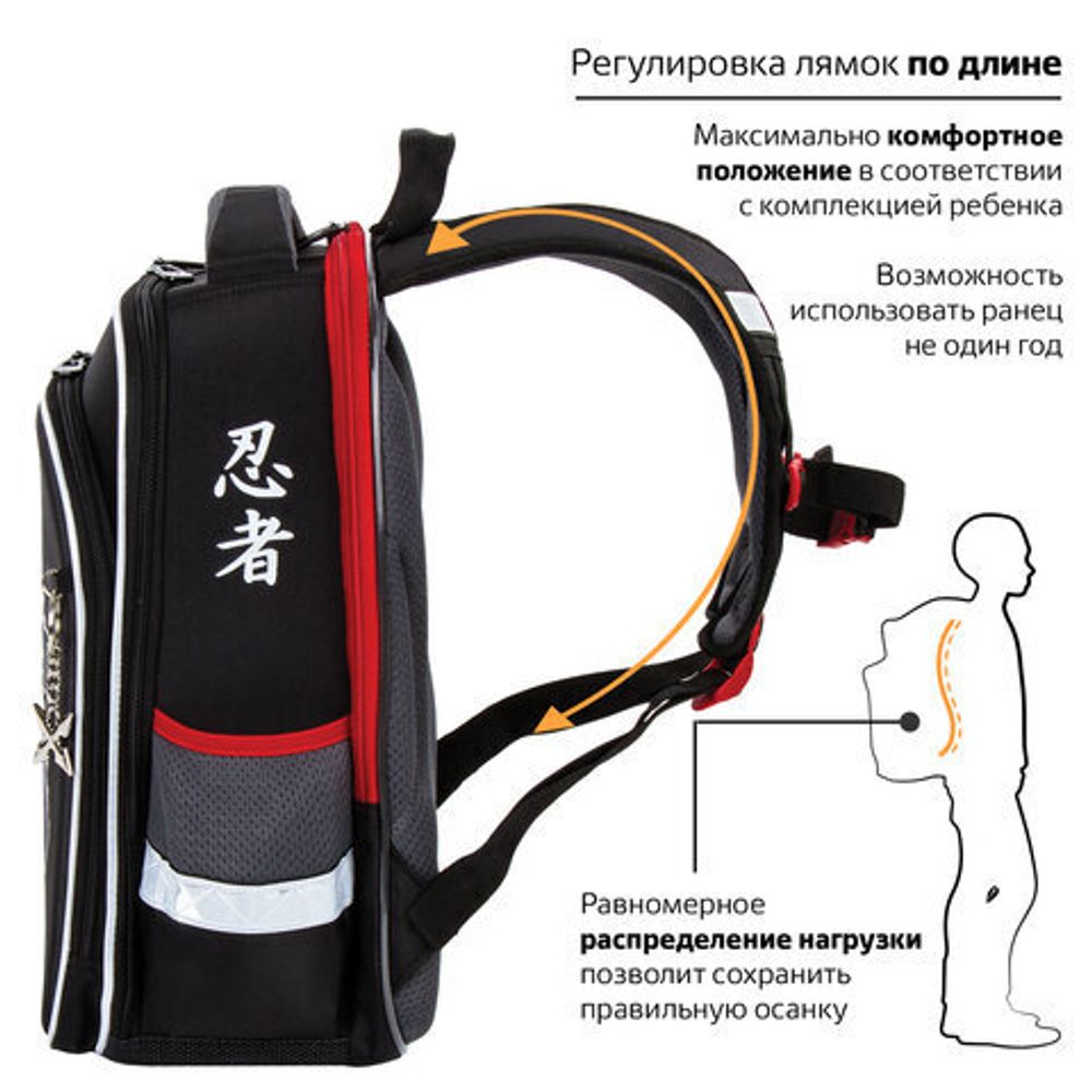 Ранец BRAUBERG QUADRO, 3 отделения, с брелком, "Ninja", 37х28х18 см, 229954