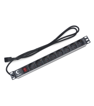 Cabeus PDU-8P-2IEC Блок евророзеток для 19" шкафов, горизонтальный, 8 розеток, 10 A, выключатель, алюминиевый корпус, шнур 2 м, вилка IEC 320 C14