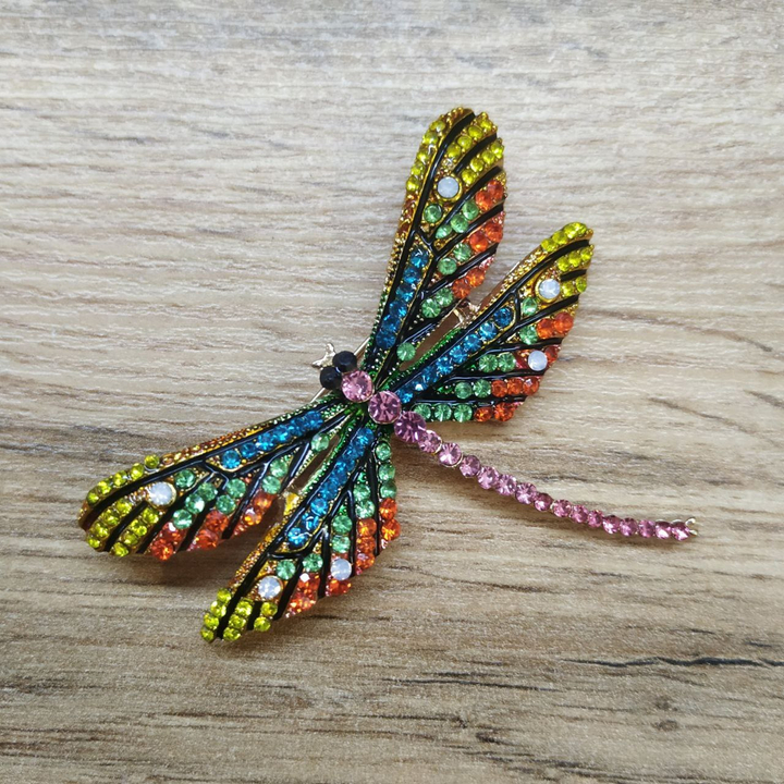 Брошь-кулон Стрекоза радужная стразы цвет ассорти металл золотистый