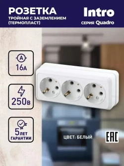Розетка Intro Quadro 2-206-01 с заземлением трехместная 3х2P+E 16А-250В IP20 открытой установки белая