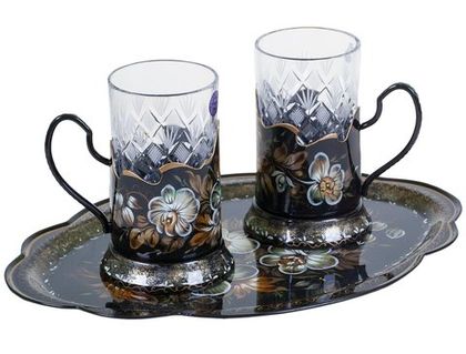 Zhostovo set of 2 tea glass holders and hand forged tray SET03D310519001