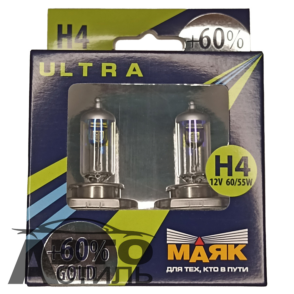 Автолампа H4 12V 60/55W P43t Маяк  +60% Gold 82420G+60 (к-т)