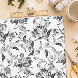 Ткань лен серые бутоны