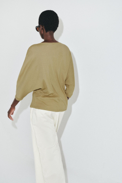 ZARA ХЛОПКОВАЯ ФУТБОЛКА С КРУГЛЫМ ВЫРЕЗОМ, ХАКИ