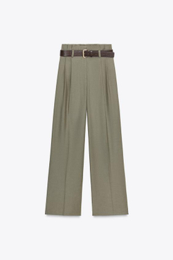 ZARA БРЮКИ PAPER BAG С ПОЯСОМ, ЗЕЛЕНОВАТЫЙ