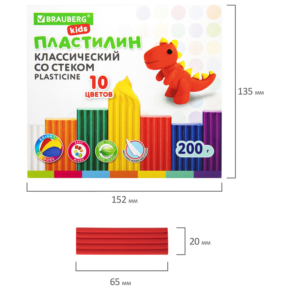 Пластилин классический BRAUBERG KIDS, 10 цветов, 200 г, со стеком, 106504