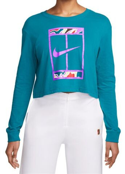Женская футболка теннисная (dł. Рукава) Nike Court Dri-Fit Slam Long Sleeve Cropped Tennis T-Shirt - green abyss