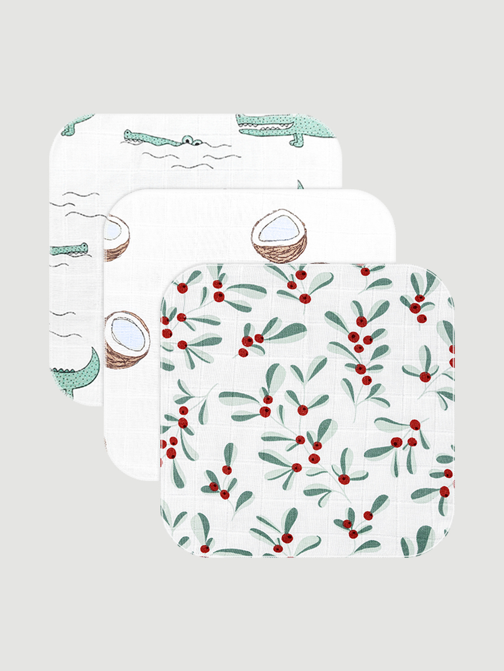 Сет из 3х муслиновых салфеток Mjölk Кокосы/Крокодилы/Брусника