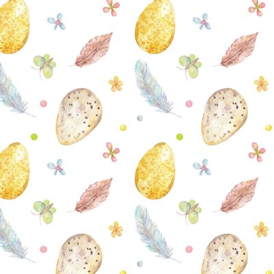 Пасхальные яйца и перья на белом фоне