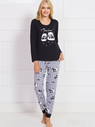 Домашний брючный комплект с пандами (Размер: XL) (Цвет: черный с серым)
