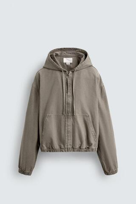ZARA КУРТКА ИЗ ТКАНИ С ЭФФЕКТОМ ПОТЕРТОСТИ С КАПЮШОНОМ, ЗЕЛЕНЫЙ