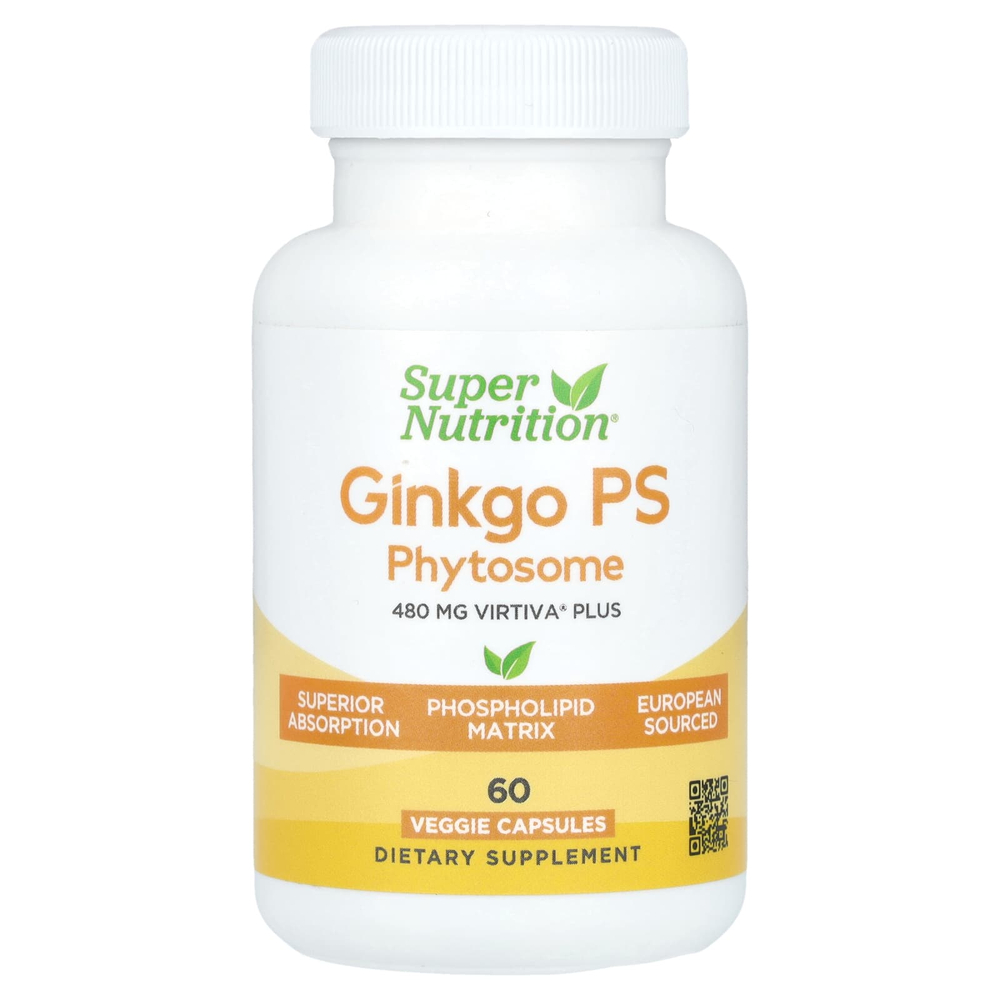 Super Nutrition, Ginkgo PS Phytosome, фитосома гинкго с ФС, с экстрактом гинкго, 480 мг, 60 растительных капсул