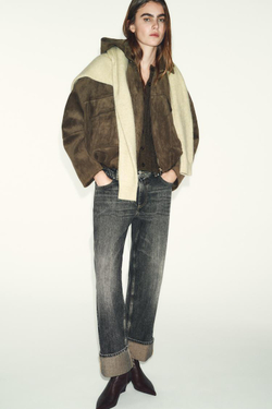 ZARA БОМБЕР ОВЕРСАЙЗ ИЗ ИСКУССТВЕННОЙ ЗАМШИ С КАПЮШОНОМ, ХАКИ