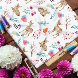 Ткань муслин оленята и веточки брусники на белом фоне