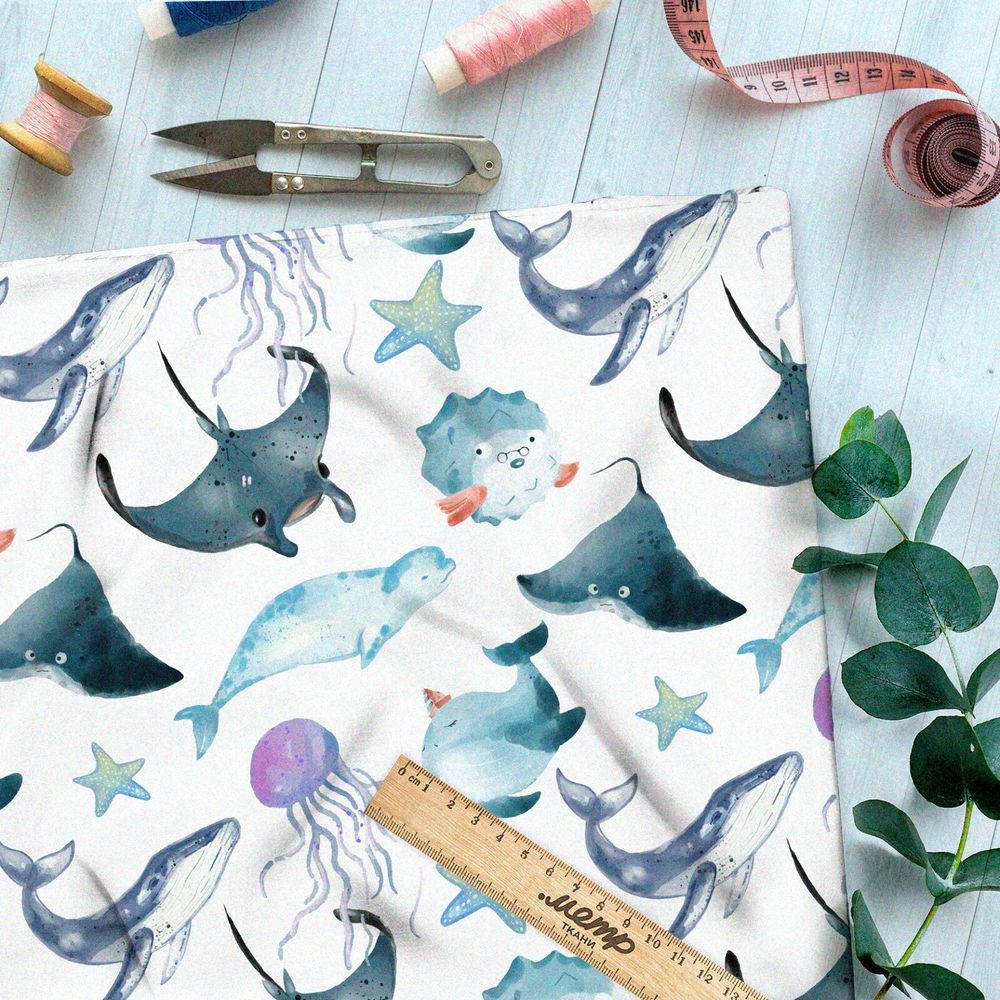 Ткань бифлекс обитатели океана на белом фоне