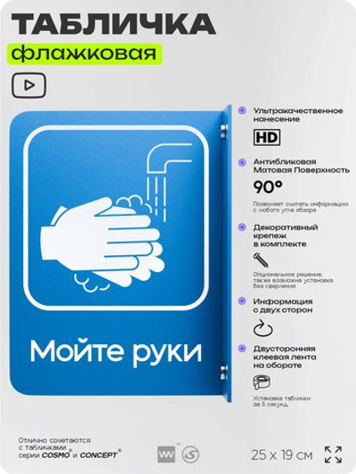 Табличка "Мойте руки" флажковая на стену, двусторонняя с крепежом, 19 х 25 см, для офиса, кафе, ресторана, серия COSMO, Айдентика Технолоджи