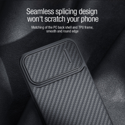 Чехол от Nillkin для iPhone 14 Pro, серия Synthetic Fiber S (покрытие синтетический карбон), полуавтоматическая конструкция сдвижной крышки