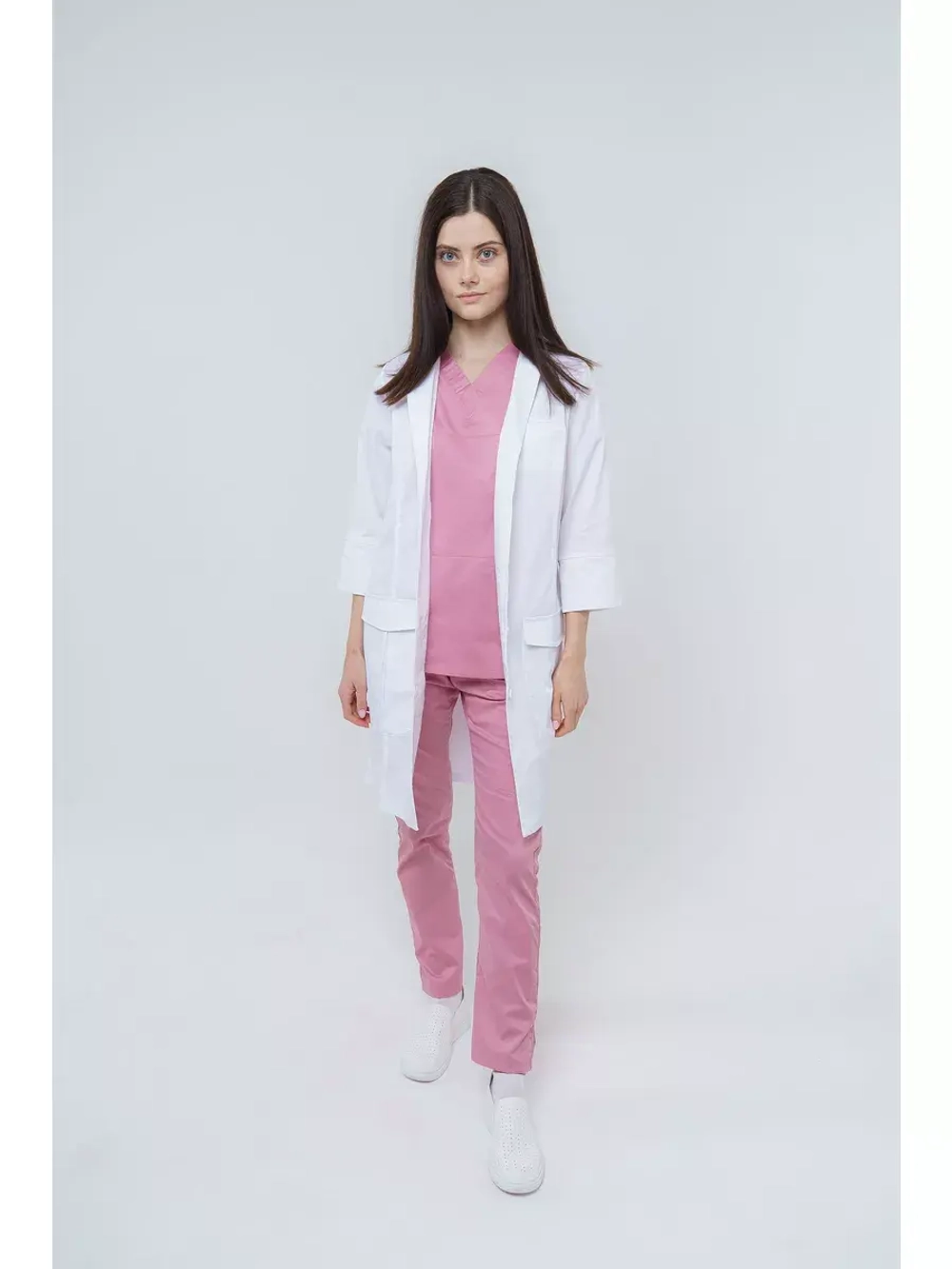 Медицинский халат женский укороченный на пуговицах TZ120-WHT